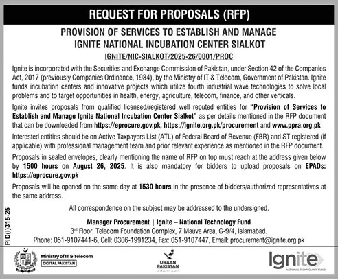 Ministry of IT & Telecom Ignite Islamabad Tender Notice